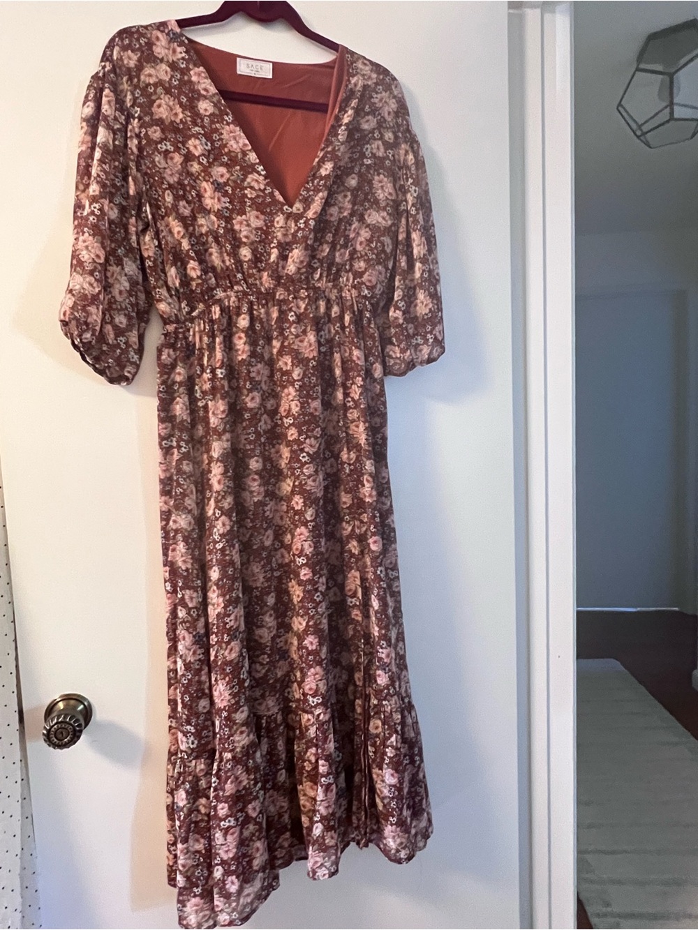 Sage The Label Floral V-Neck Midi Dress in Mauve Brown - Worn Once